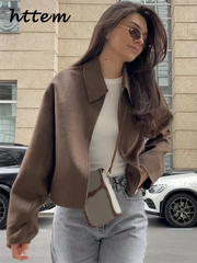 JazzHer Casual Solid Short Woolen Jacket Women Vintage Lapel Long Sleeve Zipper Crop Coats 2024 Autumn Lady Cozy High Street Outwears