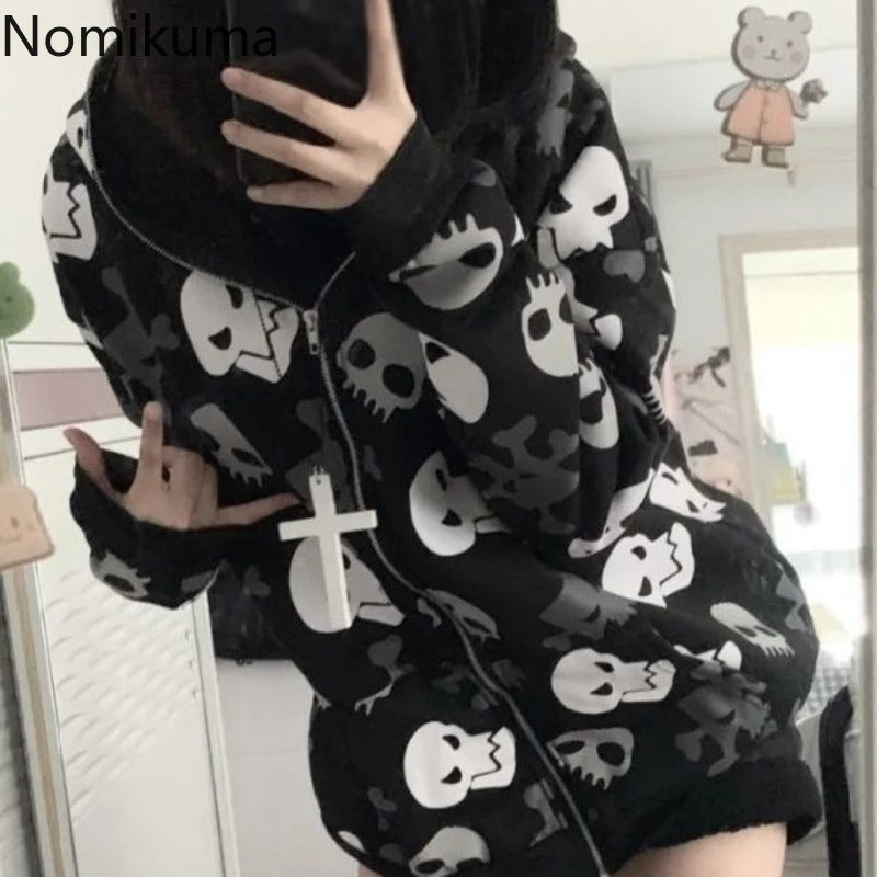 JazzHer Streetwear Sweatshirts Women Jackets 2025 Ropa Mujer Skull Hooded Long Sleeve Y2k Tops Casual Fashion Punk Harajuku Hoodies Coat