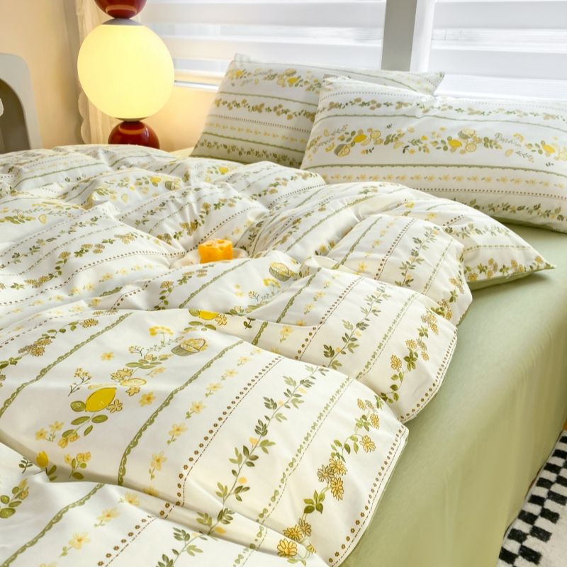 JazzHer Ins Bedding Set Cream Green Floral Twin Queen Size Duvet Cover Flat Sheet Pillowcase No Filler Girl Boy Gift Home Bed Linens