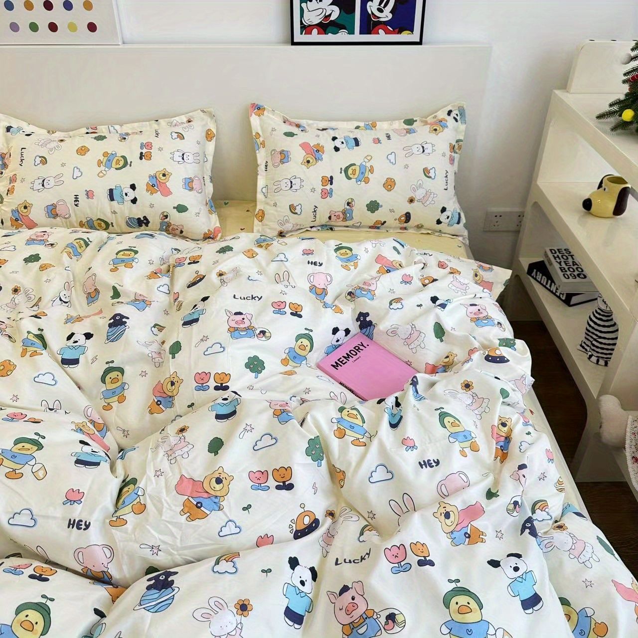 JazzHer Korean Style Cartoon Sheep Bedding Set Girls Kids Twin Full Queen Size Bed Flat Sheet Duvet Cover Pillowcases Bed Linen Kawaii