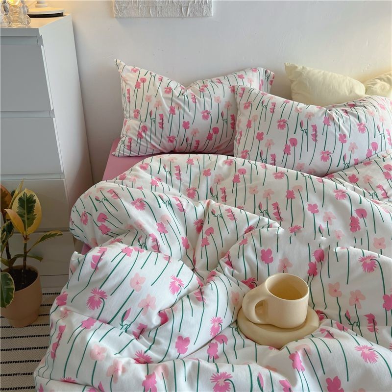 JazzHer Korean Style Bedding Set Twin Queen Size Cute Cream Cherry Duvet Cover Flat Sheet Pillowcase Polyester Boys Girls Bed Linen