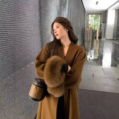 cold weather outfits JazzHer 2024 New Women's Double-Sided Wool Coat Fox Fur Medium-Length Hooded Leather Jacket V-Neck Autumn/Winter