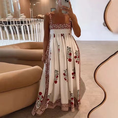 JazzHer Fruit Printed Sling Dress Women Loose Square Collar Sleeveless Backlesss Pleate Patchwork Dresses 2024 Summer Lady Vacation Robe