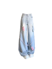 christmas outfit JazzHer Women's High Waist Ripped Cargo Jeans Vintage Korean Fashion Y2k Streetwear Cowboy Pants Harajuku Wide Leg Blue Denim Trousers