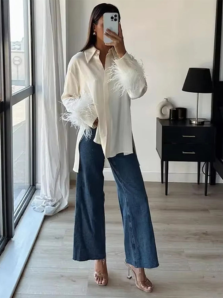 thanksgiving outfit JazzHer Tassel Solid Shirt Pant Sets Women Single Breasted Long Sleeve Shirts Patchwork Wide Leg Trouser 2024 Autumn New chic Lady Suits