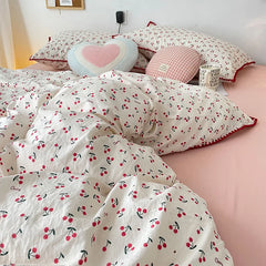 JazzHer Bedding Set  Girls Cherry  Soft Washed Cotton Bed Sheet Queen King Size Duvet Set  Comforter Set Pillowcase Bed Linens