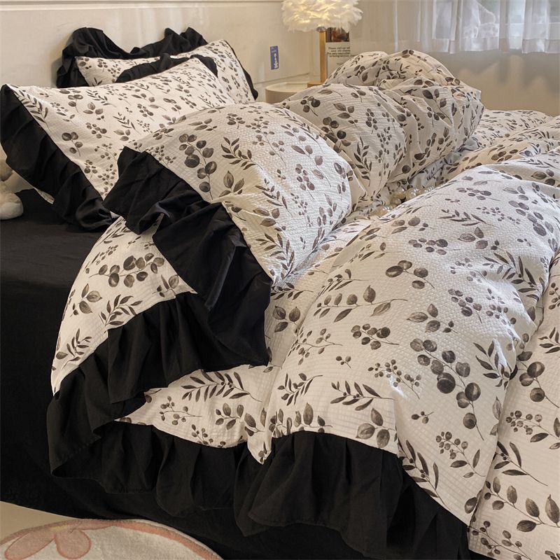 JazzHer Ins French Style Girls Heart Lace Bedding Set Bubble Wash Cotton Quilt Cover With Pillowcases Bed Sheet Set 4pcs