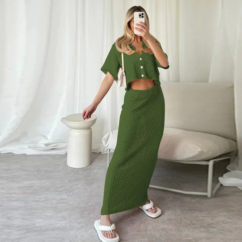 JazzHer Casual Knit Hollow Out Skirt Sets Women 2 Pieces Loose Lapel Button Short Sleeve Crop Top Long Skirts 2024 Summer Lady Outfits