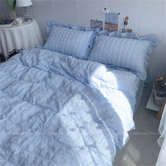 JazzHer INS Girl Blue Bedding Sets Solid Color Seersucker Ruffles Lace  Kawaii Soft Sheet Woman Duvet Cover Pillow Covers Quilt Cover