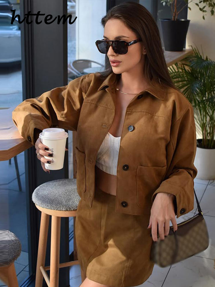 JazzHer Vintage Short Suede Jacket Mini Skirt Set Women Lapel Single Breasted Crop Coat A-line Skirts 2024 Autumn Lady Commute Outfit