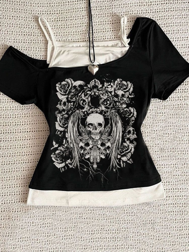 JazzHer Retro gothic Fake Two-piece  Printed T-shirt Women summer Y2K Streetwear Hot Girl Slim Off Shoulder Millennium Harajuku Casual