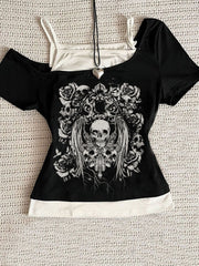 JazzHer Retro gothic Fake Two-piece  Printed T-shirt Women summer Y2K Streetwear Hot Girl Slim Off Shoulder Millennium Harajuku Casual