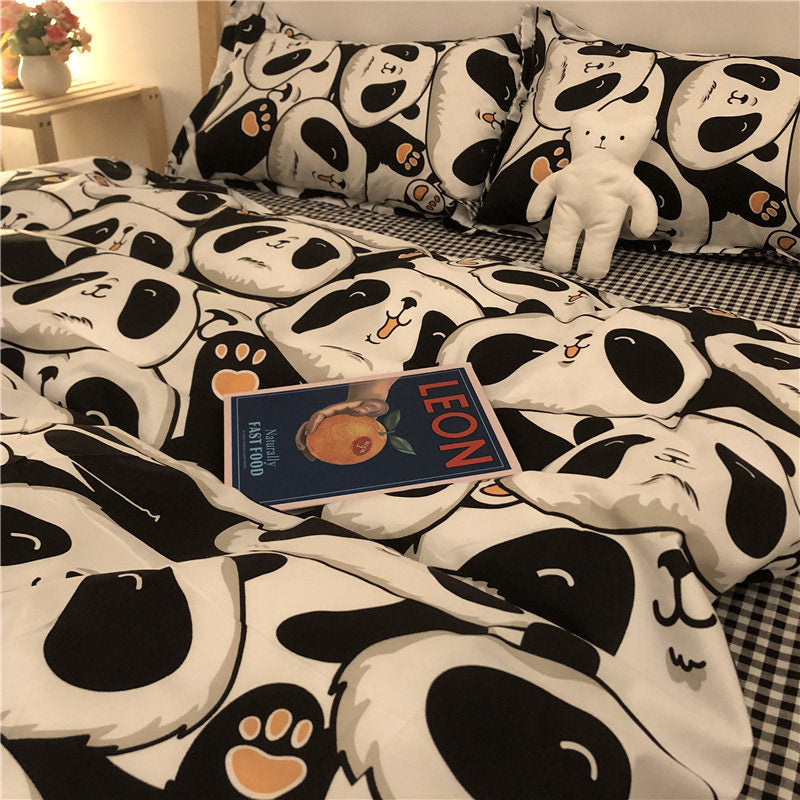 JazzHer Chinese Cute Panda Bedding Set Cartooon Bamboo Pattern Quilt Cover Sheets Full Size For Kids Adults Home Textile Soft Polyester