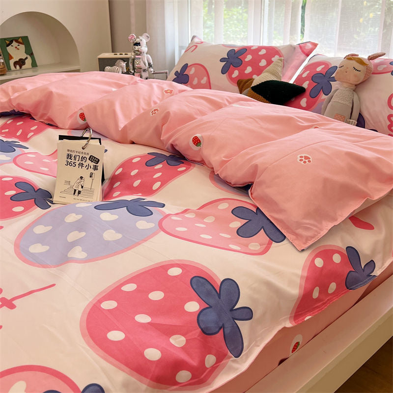 JazzHer Pink Strawberry Quilt Cover Sweet Bedding Set Polyester Falt Sheet With Pillowcase Full Queen Size For Girls