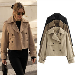 JazzHer Ladies Vintage Cropped Trench Spring Autumn Jacket Women Streetwear Double Breasted Long Sleeve Top Female Chic Coat Outfits