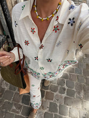 JazzHer Flower Print Trousers Suits Women 2 Pcs Casual Turn Down Collar Long Sleeve Lady Shirt Sets Wide Leg Pants 2025 New Chic Spring