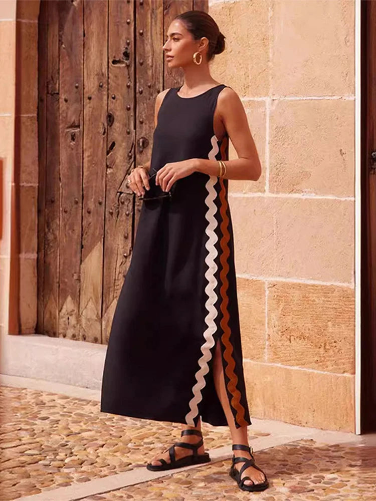 JazzHer Loose Sleeveless Split Wave Maxi Dress For Women Fashion Solid O-neck Female Straight Dresses 2024 Summer Casual Lady Beach Robe