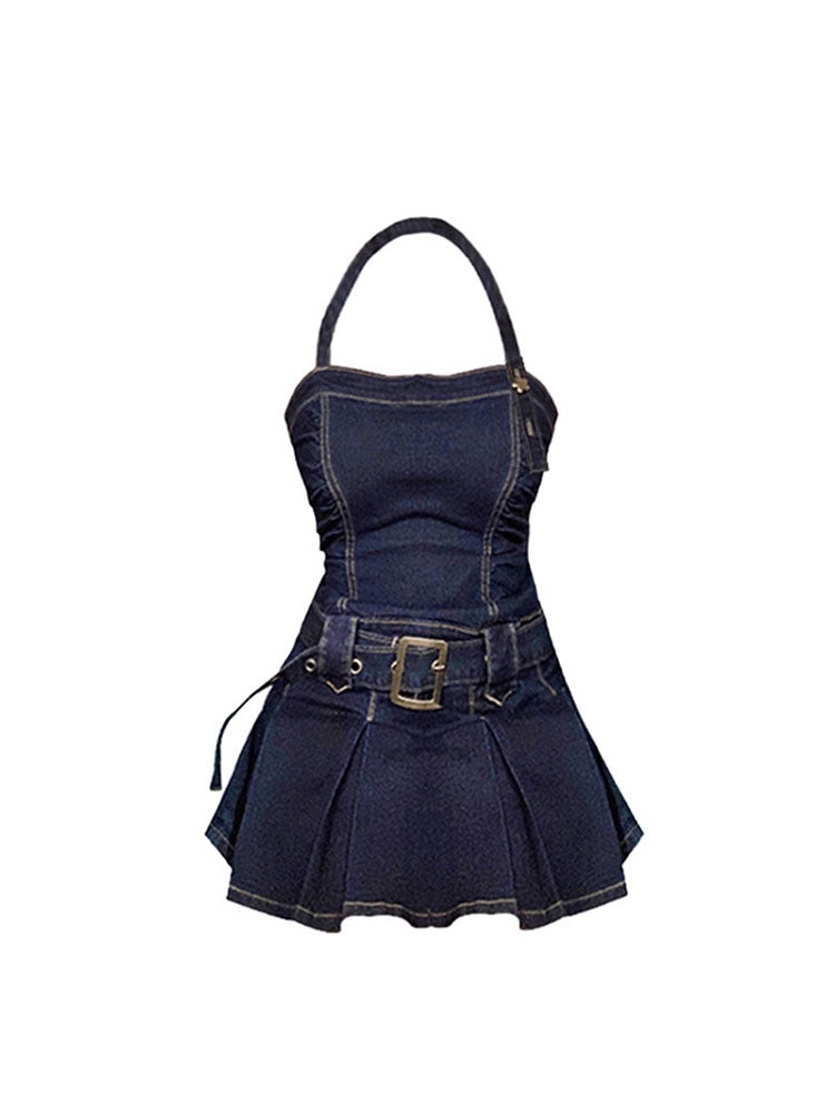 christmas outfit JazzHer Women Denim Mini Dress Off Shoulder Halter Neck Sleeveless Suspender Dress Summer Y2k Vintage Party Elegant Ladies A-line Frocks