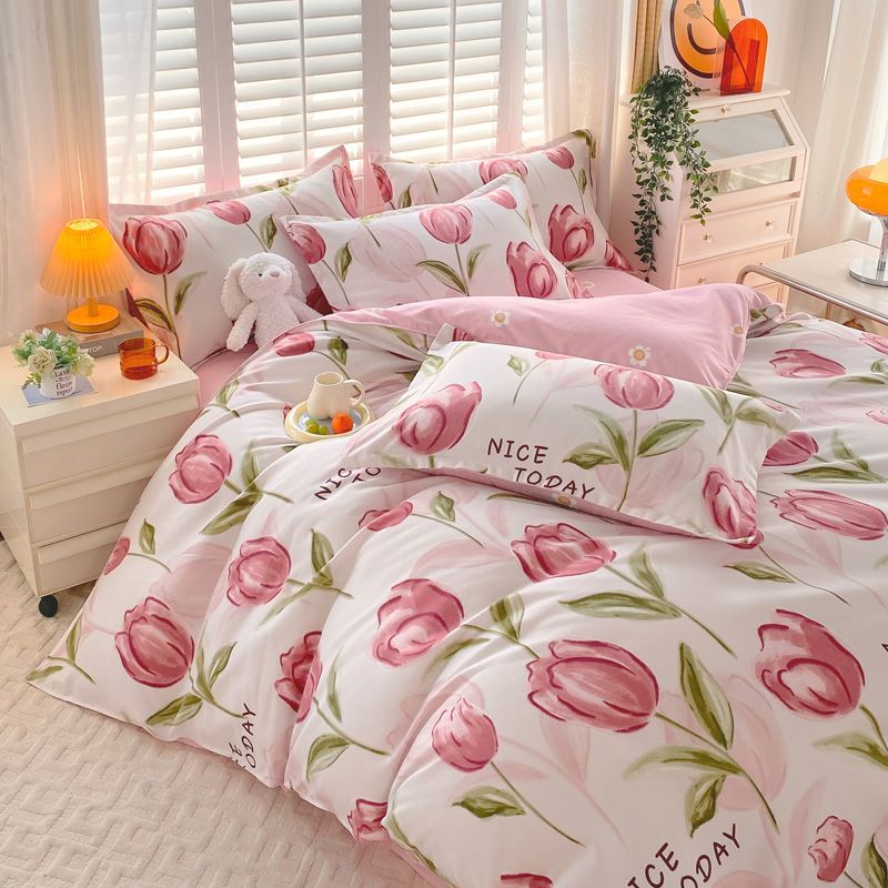 JazzHer Ins Pink Flowers Bedding Set Flat Bed Sheet Pillowcase Twin Full Queen Size Nordic Bed Linen Women Girls Floral Duvet Cover Set