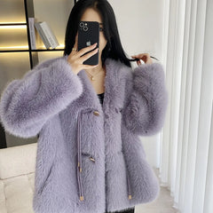 cold weather outfits JazzHer Elegant Solid Color V-Neck Leather Jacket For Women 2024 New Design Sensibility Fuzzy Top In China Mainland Origin