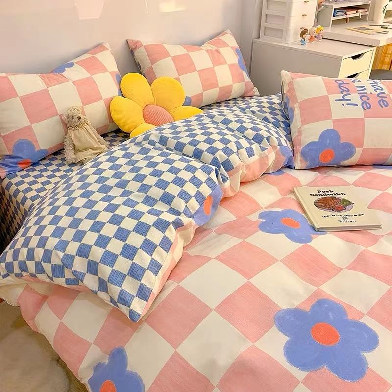 JazzHer Fashion Bedding Set Hot Checkerboard Boys Girls Single Double Queen Size Flat Sheet Quilt Duvet Cover Pillowcase Bed Linens