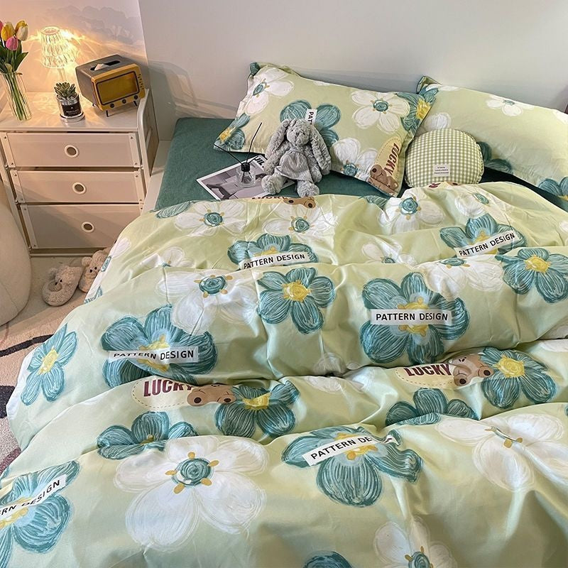 JazzHer Pastoral Style Little Bear Bedding Set Adult Queen Twin Full Size Quilt Cover Bed Flat Sheet Kids Cute Duvet Cover No Filler