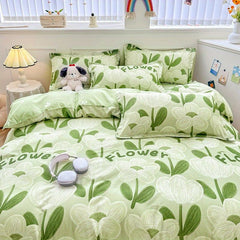 JazzHer White Green Bedding Set Floral Ins Duvet Cover with Zipper No Filler Flat Sheet Pillowcase Twin Queen Size Bed Linens
