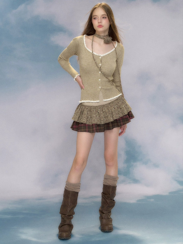 JazzHer 2025 Autumn Vintage 2 Piece Skirt Set Women Casual Slim Sweater Cardigan + Y2k Retor Mini Cake Skirt Fashion Skirt Suits Female