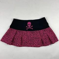 JazzHer Y2K Vintage Fashion high-waisted pleated skirt for women Cute pink skull Mini skirt for Street slim-fit A-line Hot Girl skirt