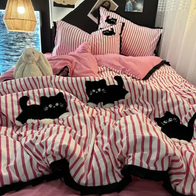 JazzHer Korean Style Bedding Set Green Strip Black Cat Embroidery Washed Cotton  Duvet Cover Cute Cardboard  Bed linen Comforter Sets