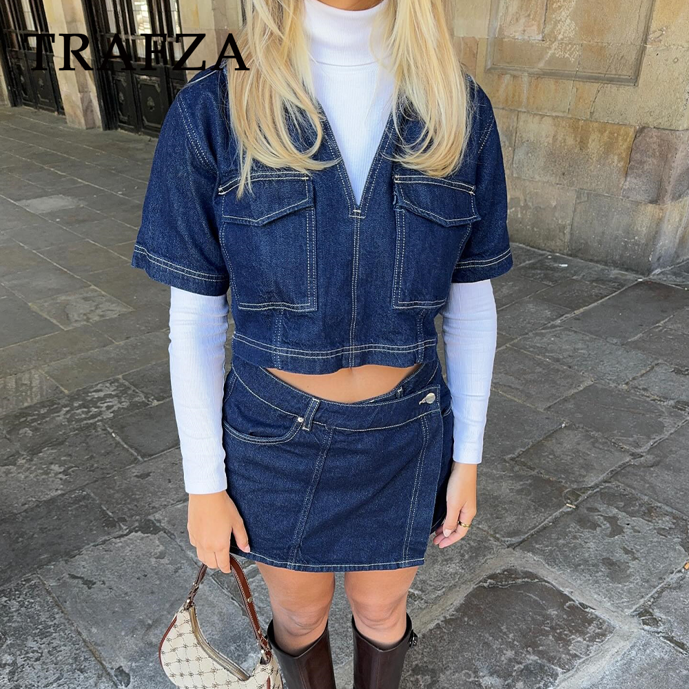 cold weather outfits JazzHer 2024 Spring Summer Casual Denim Women Suits Fashion Pockets V Neck Pullover Half Sleeve Shirts+Chic Mini Shorts Skirts