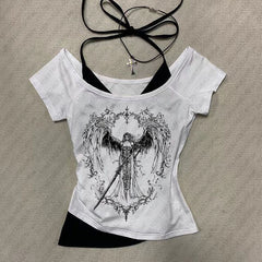 JazzHer 2000s Retro Goth Graphic Print Tops Harajuku Girls Clothing Y2K American style Grunge Fake two short sleeves T-shirt High Street
