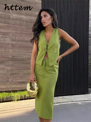 JazzHer Elegant Vest Skirt Suit Women Loose Lace Up V-neck Sleeveless Vest High Waist Long Skirts 2024 Summer Lady Solid 2 Pieces Sets