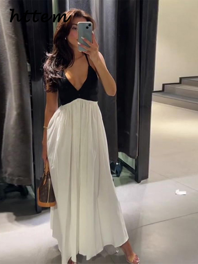 JazzHer Elegant Spliced Sling Long Dress Women Sexy Deep V Neck Backless Sleeveless Contrast Party Dresses 2024 Summer Lady Evening Robe