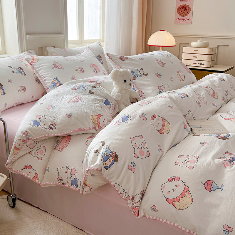 JazzHer Kawaii Rabbit Bedding Set Bed Flat Sheet Pillowcase Twin Full Queen Cartoon Bed Linen Kids Girls Duvet Cover Set No Filler