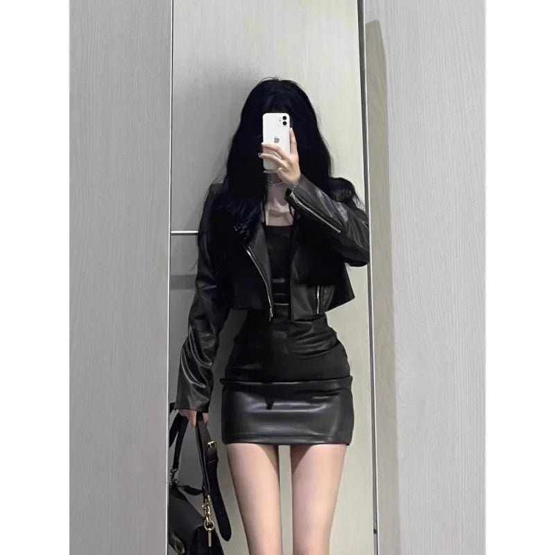 cold weather outfits JazzHer 2024 Spring Autumn New Women's Cropped Leather Jacket Tank Dress Slimming Bodycon Skirt Trendy Fashionable