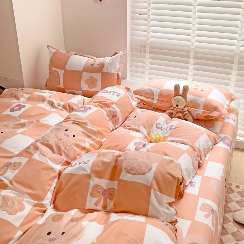JazzHer Cute Rabbit Bedding Set No Filling Pink Blue Boys Girls Favorite Single Double Duvet Cover Flat Sheet Pillowcase Kit New 2024