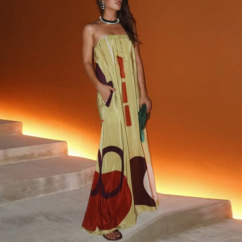 JazzHer Casual Vacation Printed Long Dresses For Women Strapless Backless Pockets Loose Robe 2025 Summer Bohemian Lady Party Vestidos