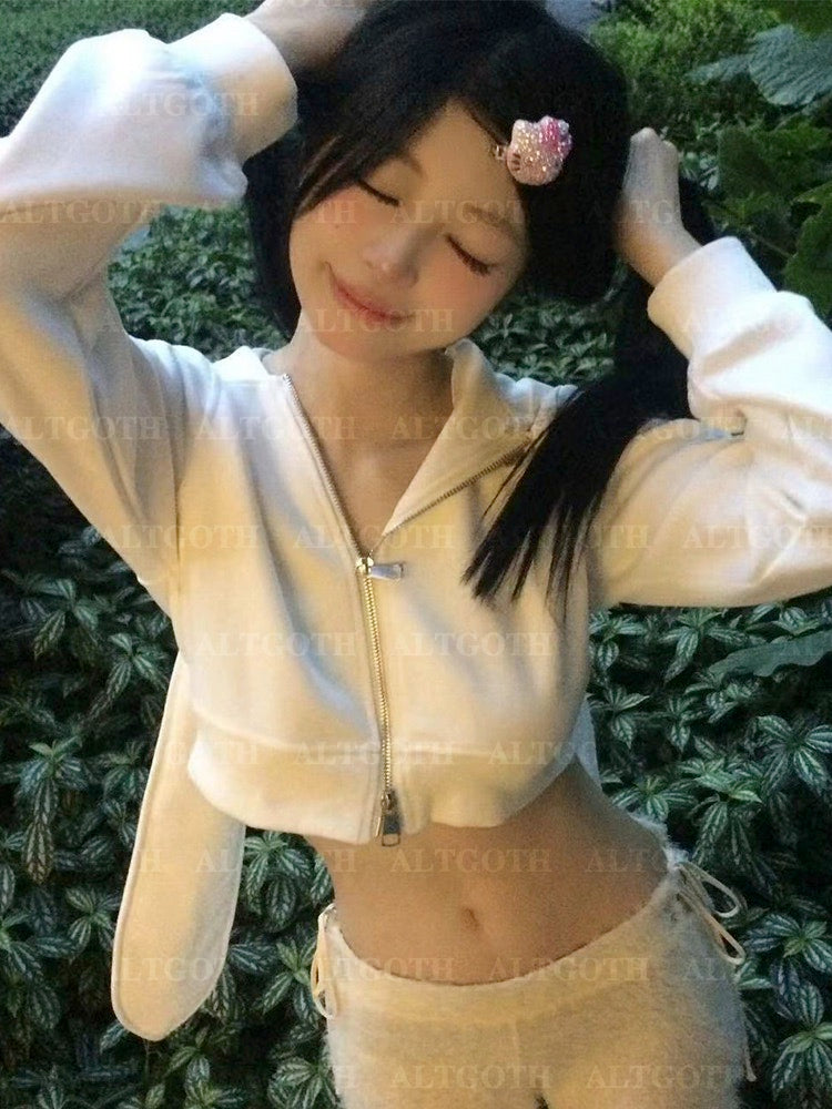 JazzHer Kawaii Sweet Rabbit Sweatshirt Women Pastel Goth Aesthetic Cute Ears Long Sleeve Crop Hoodie Harajuku Street Y2k Clothes