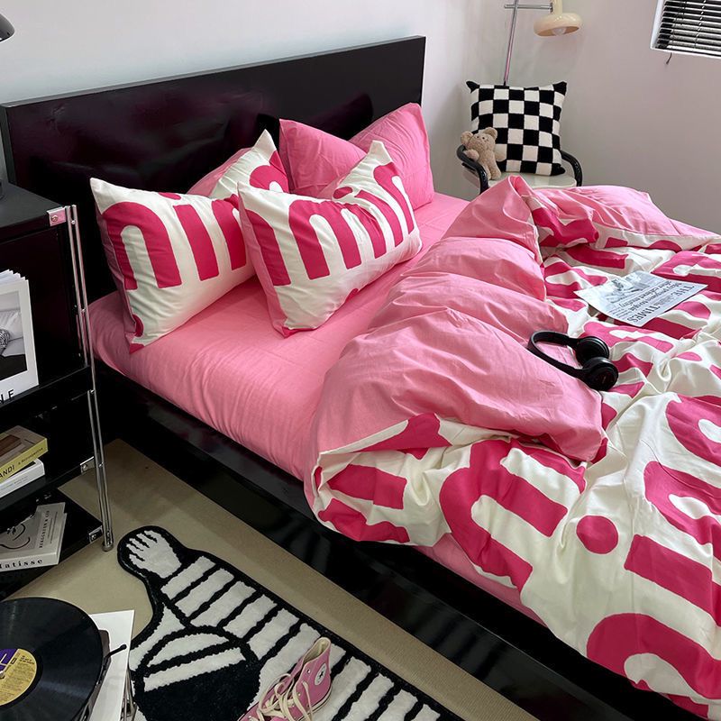 JazzHer Korean Style Pink Letter Bedding Set Flat Bed Sheet Pillowcase Twin Full Queen Size Bed Linen Women Girls Duvet Cover No Filling