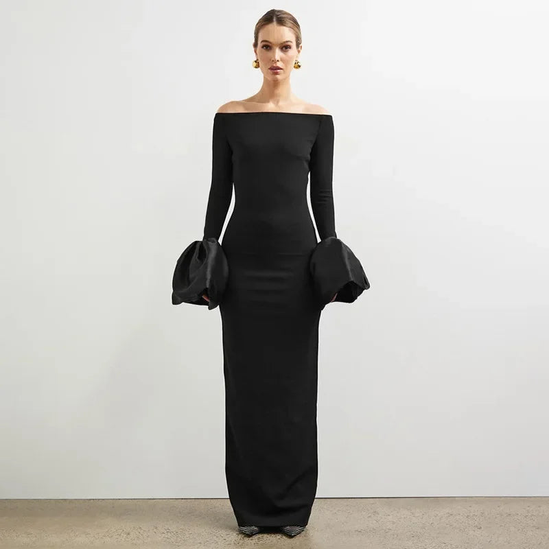 JazzHer Sexy Off Shoulder Flare Sleeve Long Dress Women Elegant Patchwork Slash Neck Party Dresses 2024 Autumn Lady Black Evening Gown