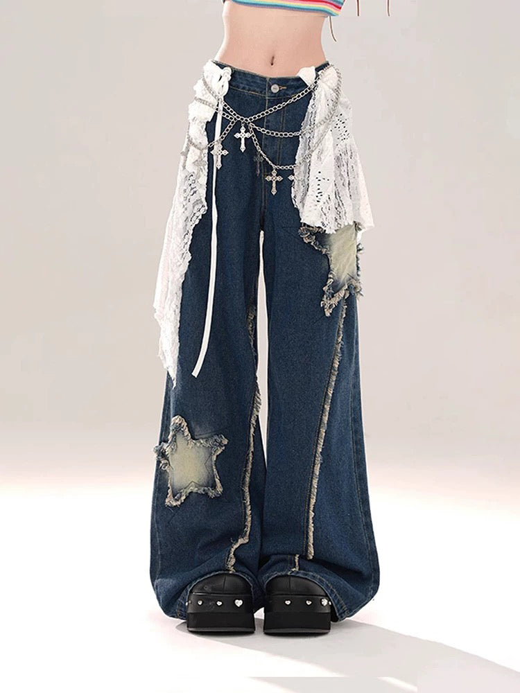 christmas outfit JazzHer Women's Blue Baggy Star Jeans Harajuku Aesthetic Denim Trousers Y2k Vintage Japanese 2000s Style Jean Pants Trashy Clothes 2025