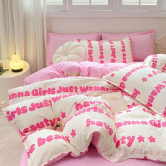 JazzHer Princess Style Bedding Set Girls Twin Queen Full Size Duvet Cover Set Bed Flat Sheet Pillowcase Kids Adult Pink Letter Bed Linen