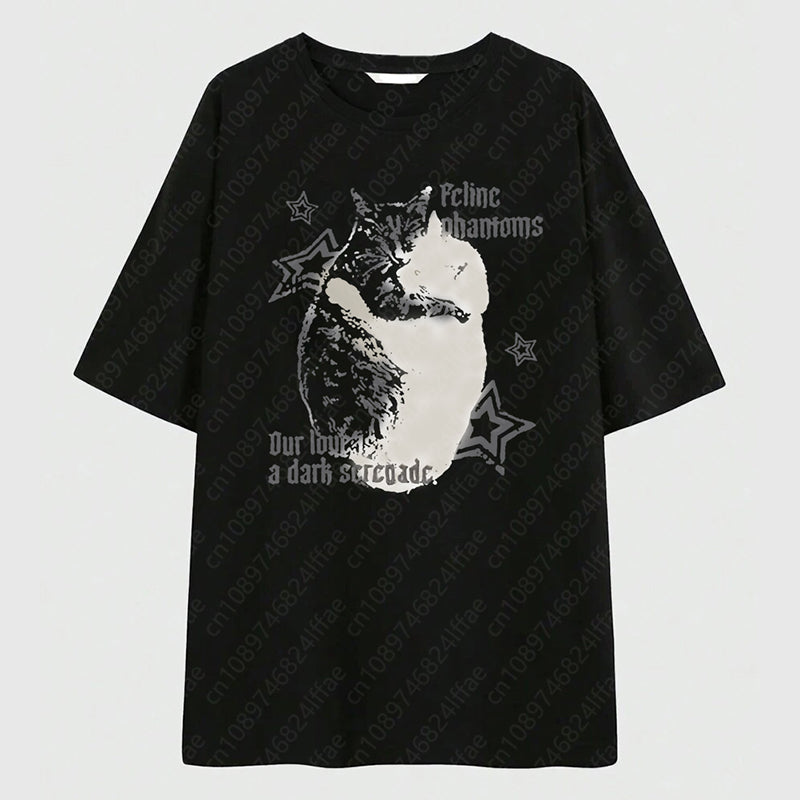 JazzHer Y2K Ladies' Fashion Short Sleeves Cat Graphic T Shirts gothic Fashion Hip hop T-shirt Street Casual Vintage Harajuku T-shirts