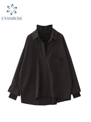 christmas outfit JazzHer Fake Two Piece Striped Shirt Women Patchwork Knitted Turtleneck 2025 Autumn Winter Long Sleeve Casual Loose Female Blouse Tops