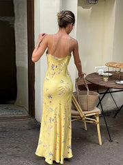 JazzHer Sexy Print Sling Long Dress Women Slim V-neck Sleeveless Backless Female Dresses 2024 Summer Elegant Lady Vacation Floral Robes