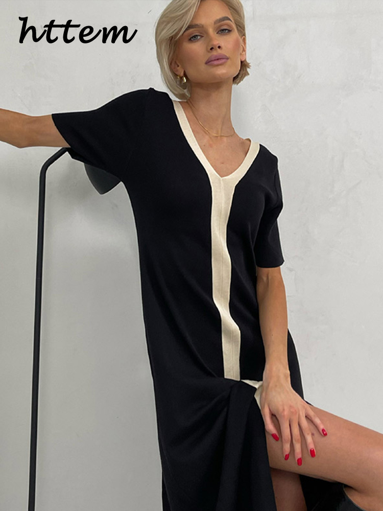 JazzHer Elegant Knit Contrast Long Dress for Women V-neck Short Sleeve Split Female Dresses 2024 Summer Autumn Casual Office Lady Robes