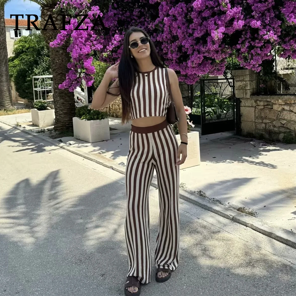 cold weather outfits JazzHer 2024 Spring Summer Vintage Knitted Striped Women Suits Fashion Casual O Neck Sleeveless Short Tops+High Waist Long Pants