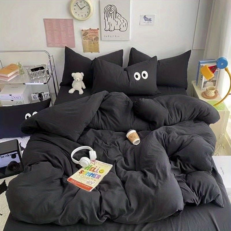 JazzHer Cute Duvet Cover Set with Sheet Pillowcase No Filler Warm Solid Color Bed Linen Full Queen Size Korean Big Eyes Home Bedding Set