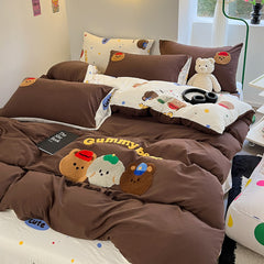 JazzHer Mocha Bear Embroidery Bedding Set Twin Queen Duvet Cover Set Pillowcases for Adult Kids Bed Flat Sheet Cute Quilt Cover Kawaii